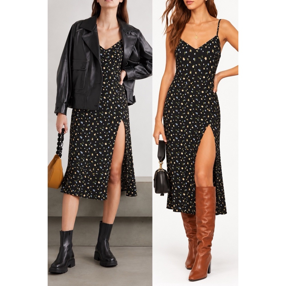 Reformation Crimini Ditsy Floral Midi Slip Dress Slit Dark Romantic Fairy 10